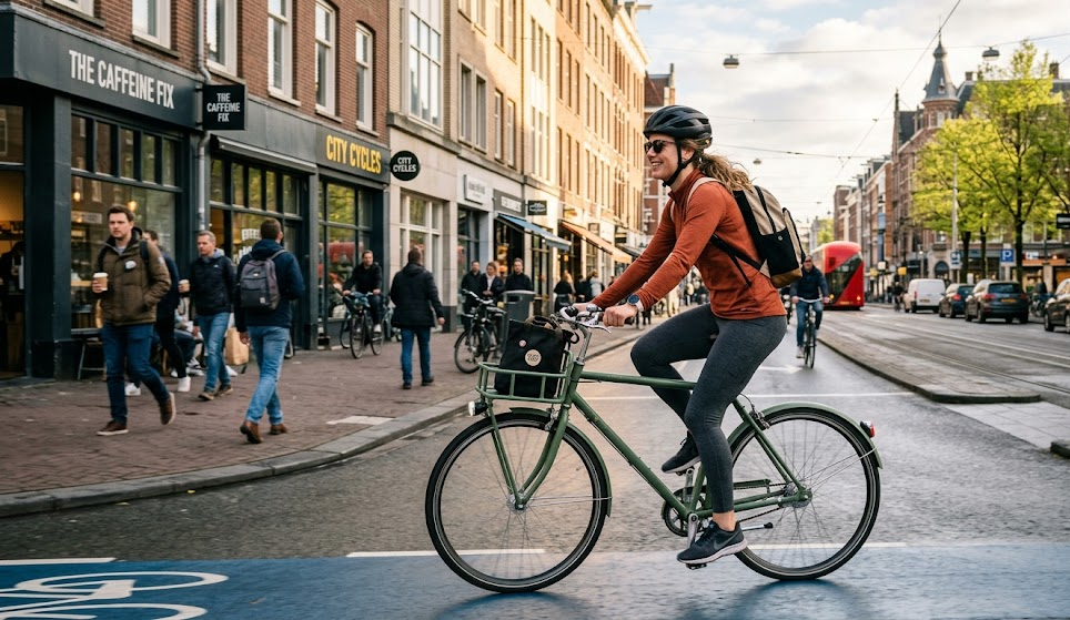 Cyklista v rannom meste, aktívny štart dňa
